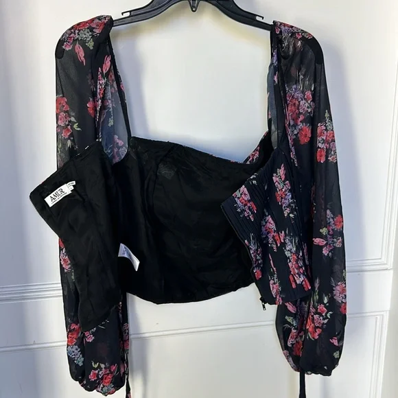 AMUR Beverly Top Sheer Long Sleeve Floral Black Corset Womens size Large - Picture 13 of 15
